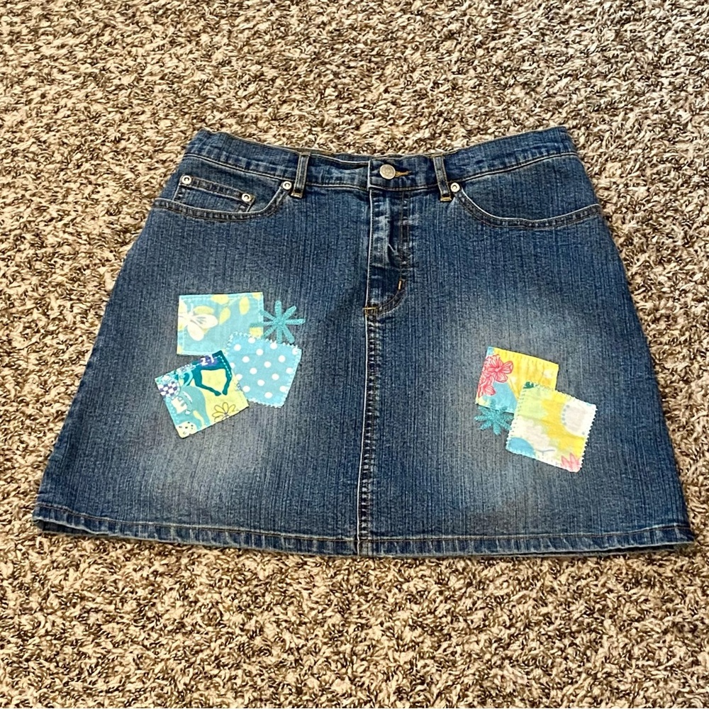 Lilly Pulitzer Blue Trendy Denim Skirt Stretch Mini Patch 2 Vintage